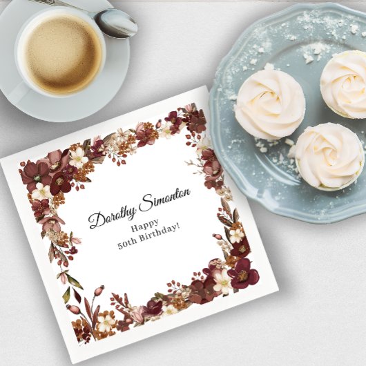 ブルガンディマウヴホワイト秋フラワー50誕生日 スタンダードランチョンナプキン
