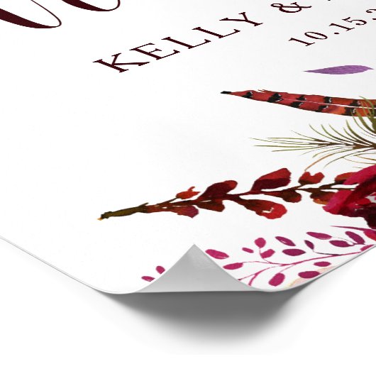 ブルガンディマルサラウォーターカラーフローラ結婚ウェルカム ポスター (角)