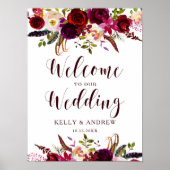 ブルガンディマルサラウォーターカラーフローラ結婚ウェルカム ポスター (正面)