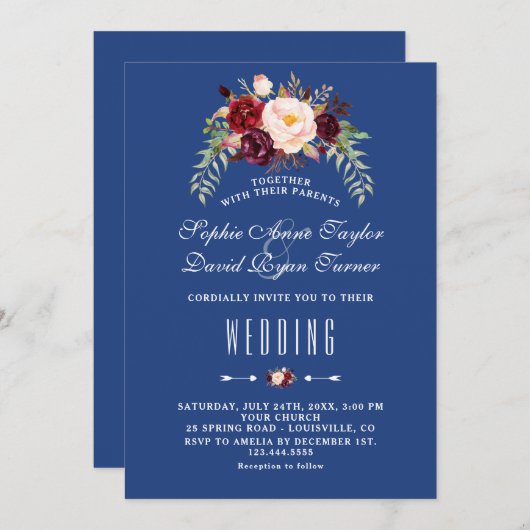 ブルガンディマルサラフローラネイビーブルー結婚ズ 招待状 (正面/裏面)