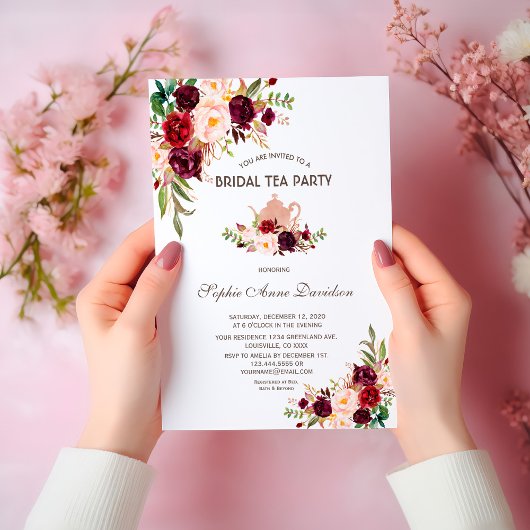 ブルガンディマルサラフローラブライダルシャワーティーパーティー 招待状