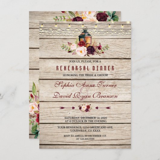 ブルガンディマルサラフローラランタンリハーサルディナー 招待状 (正面/裏面)