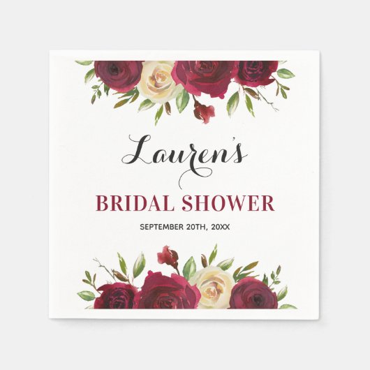 ブルガンディマルサラフローラ冬ブライダルシャワー紙 スタンダードカクテルナプキン (正面)