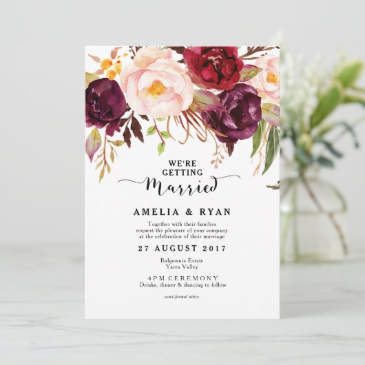 ブルガンディマルサラフローラ素朴結婚式招待状 招待状 (スタンド正面)