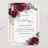 ブルガンディマルサラフローラ金ゴールド結婚フレーム 招待状 (正面/裏面)