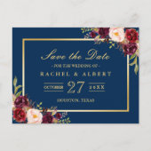 ブルガンディマルサラフローラ金ゴールド結婚式の日付を保存 案内ポストカード (正面)