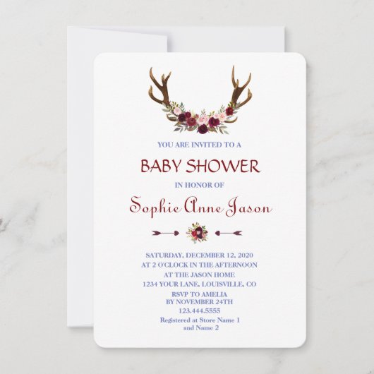 ブルガンディマルサラフローラ〔雄ジカの〕枝角ベビーシャワー 招待状 (正面)