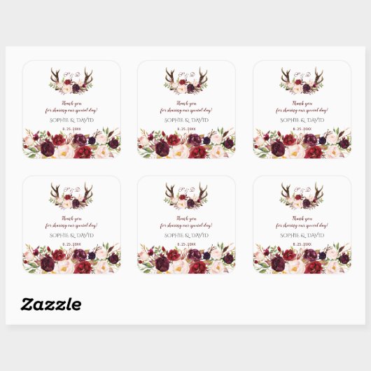 ブルガンディマルサラフローラ〔雄ジカの〕枝角モノグラム結婚ズ スクエアシール (シート)