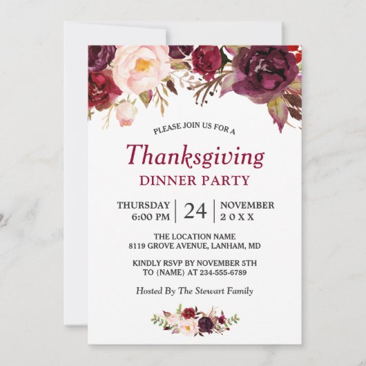 ブルガンディマルサラレッドフローラ感謝祭パーティー 招待状 (正面)