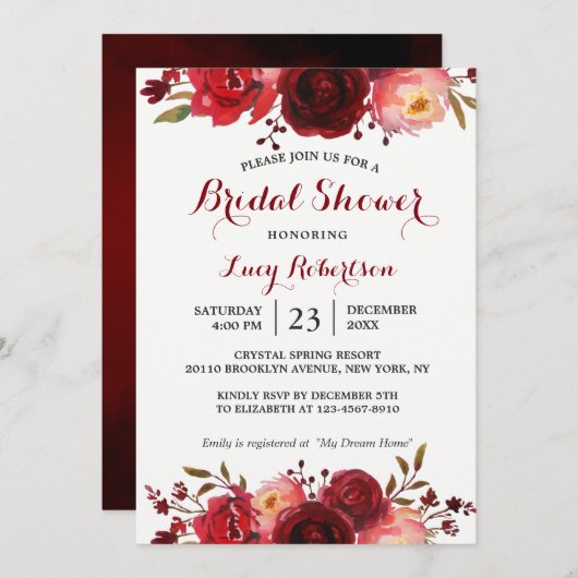 ブルガンディマルサラレッドローゼスフローラブライダルシャワー 招待状 (正面/裏面)