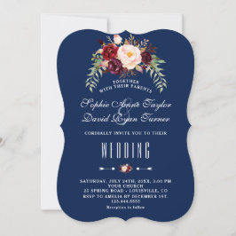 ブルガンディマルサラ王室のフローラネイビー結婚ブルー 招待状