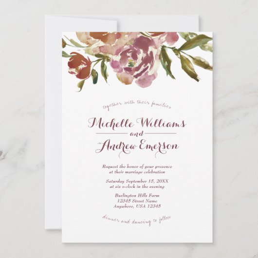 ブルガンディマルサラ秋フローラ結婚式招待状 招待状 (正面)