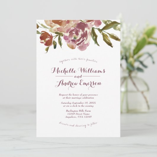 ブルガンディマルサラ秋フローラ結婚式招待状 招待状 (スタンド正面)