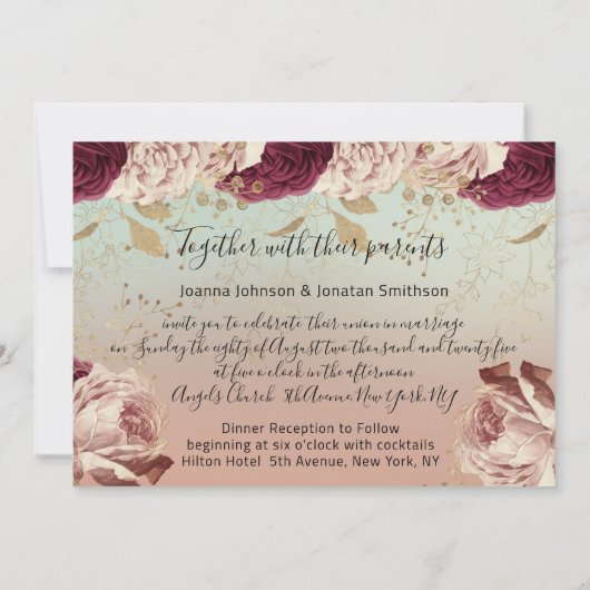 ブルガンディマルサラ結婚のバラブルーバラフローラ 招待状 (裏面)