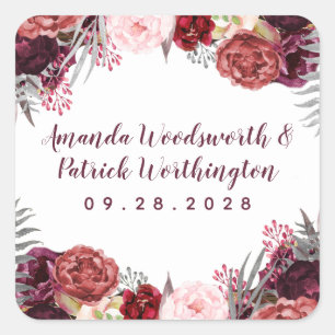 ブルガンディマルサラ赤面ピンク牡丹結婚式の引き出物 スクエアシール