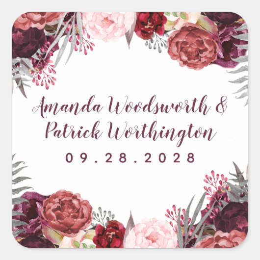 ブルガンディマルサラ赤面ピンク牡丹結婚式の引き出物 スクエアシール (正面)