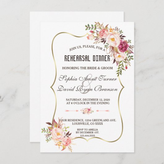 ブルガンディマルサラ赤面フローラリハーサルディナー 招待状 (正面/裏面)