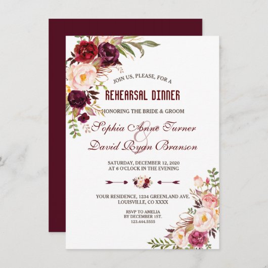 ブルガンディマルサラ赤面フローラリハーサルディナー 招待状 (正面/裏面)