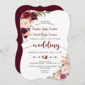 ブルガンディマルサラ赤面フローラ結婚式の招待 招待状 (正面/裏面)