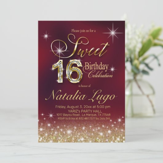 ブルガンディマルサラ金ゴールドグリッタースイート16誕生日 招待状 (スタンド正面)