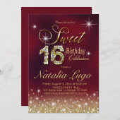 ブルガンディマルサラ金ゴールドグリッタースイート16誕生日 招待状 (正面/裏面)