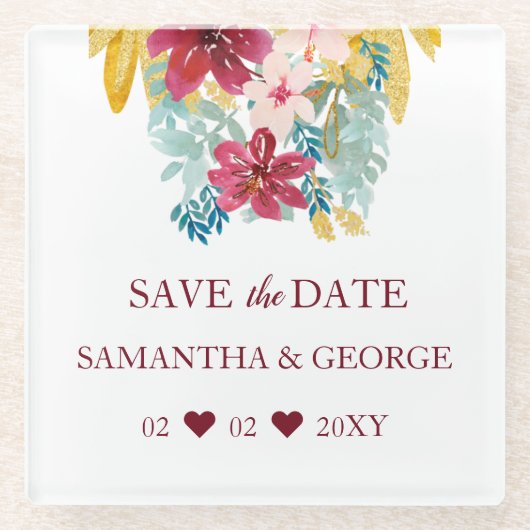 ブルガンディマルサラ金ゴールドフローラボタニッ結婚クス ガラスコースター (正面)