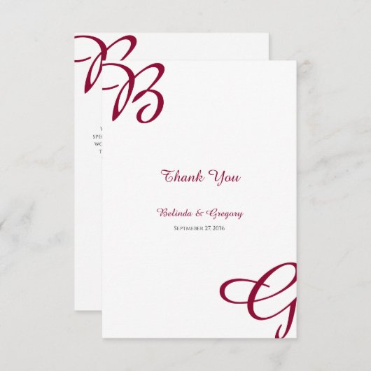 ブルガンディマルーンイニシャル秋秋の結婚式 サンキューカード (正面/裏面)