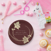 ブルガンディマルーンシャンペーン金ゴールドフローラリースルクス ペーパープレート (パーティー)