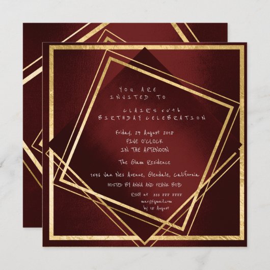 ブルガンディマルーンジオメトリゴールデンスクエア誕生日 招待状 (正面/裏面)