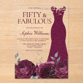 ブルガンディマルーンドレス&フローラ50誕生日 アクリル招待状 (正面)