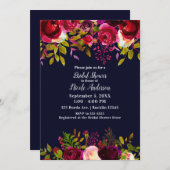 ブルガンディマルーンブルー秋フローラブライダルシャワー 招待状 (正面/裏面)