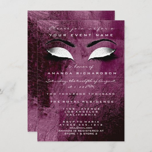 ブルガンディマルーンメイクアップホワイトグリッター16ブライダル 招待状 (正面/裏面)