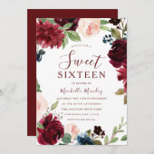 ブルガンディマルーンレッドフローラスウィート16パーティー 招待状 (正面/裏面)