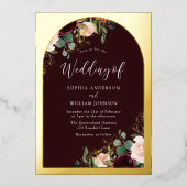 ブルガンディマルーン水カラー結婚フローラ金ゴールド 箔招待状 (正面)