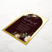 ブルガンディマルーン水カラー結婚フローラ金ゴールド 箔招待状 (回転した状態)