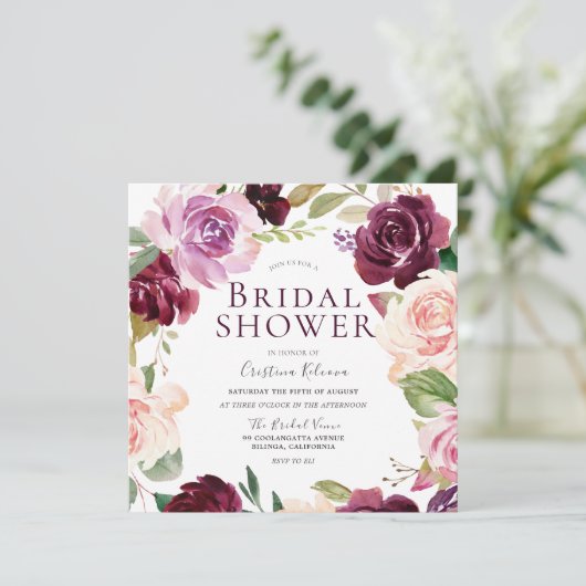ブルガンディマルーン赤面フローラリースブライダルシャワー 招待状 (スタンド正面)