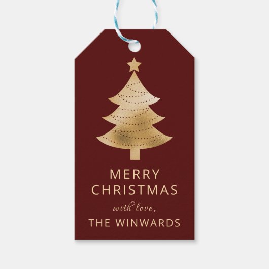 ブルガンディマルーン金ゴールドクリスマスツリー ギフトタグ (正面)