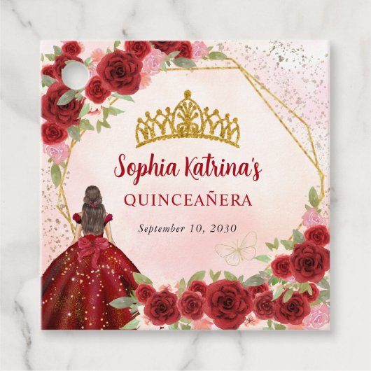 ブルガンディマルーン金ゴールドグリッターフローラプリンセスティアラ フェイバータグ (正面)