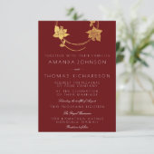 ブルガンディマルーン金ゴールドリース垂直金ゴールド赤ドロップ 招待状 (スタンド正面)