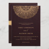 ブルガンディマルーン金ゴールド華美上品なマ結婚ダラ 招待状 (正面/裏面)