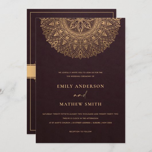 ブルガンディマルーン金ゴールド華美上品なマ結婚ダラ 招待状 (正面/裏面)