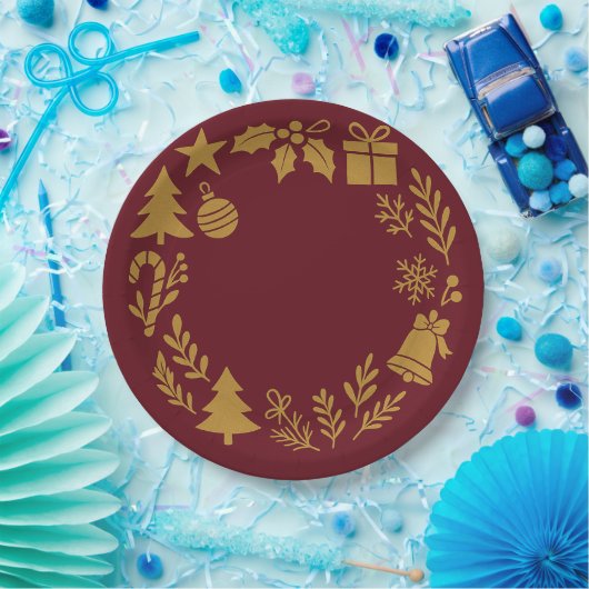 ブルガンディラグジュアリー金ゴールドリースクラシッククリスマス ペーパープレート (パーティー)