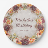 ブルガンディラストオレンジフローラ女子誕生日 ペーパープレート (正面)