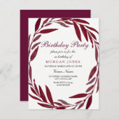 ブルガンディリーフリース大人の誕生日パーティー招待状 招待状 (正面/裏面)