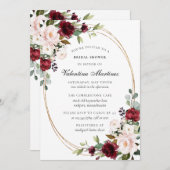 ブルガンディレッドと赤面ピンクフローラブライダルシャワー 招待状 (正面/裏面)