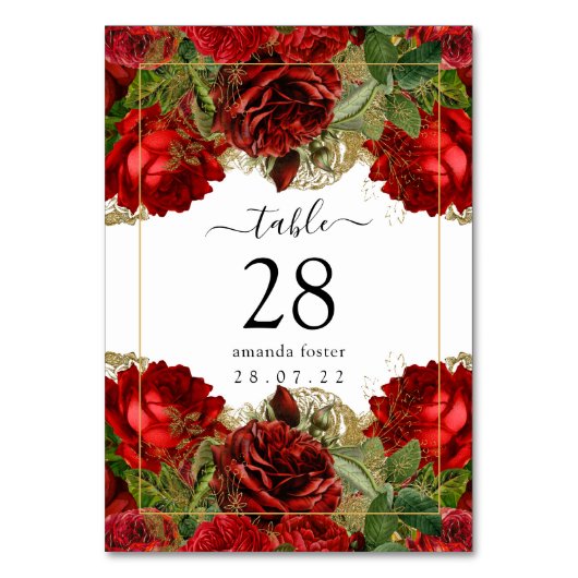 ブルガンディレッドと金ゴールドヴィンテージバラキンセアニラ テーブルナンバー (正面)