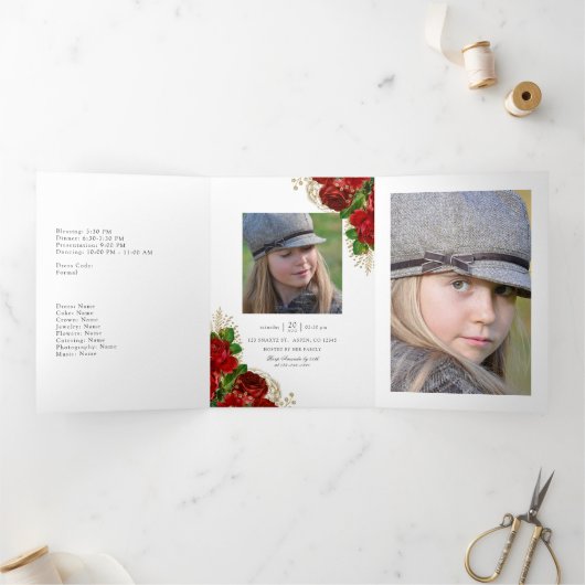 ブルガンディレッドと金ゴールドヴィンテージバラキンセアニラTr 三つ折り招待状 (内部)