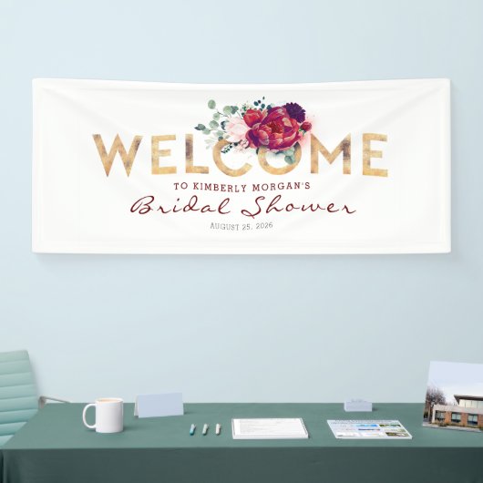 ブルガンディレッドと金ゴールド秋ブライダルシャワー 横断幕 (トレードショー)