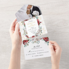 ブルガンディレッドアイボリーフローラ金ゴールドコーラル結婚ズ オールインワン招待状