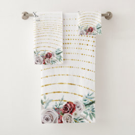 ブルガンディレッドアイボリーフローラ金ゴールドコーラル結婚ズ バスタオルセット